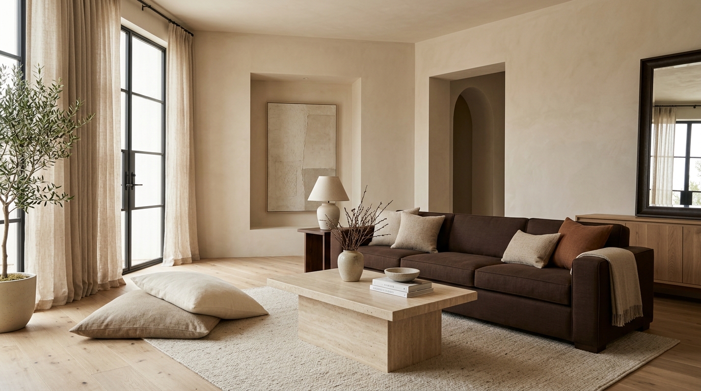 Chocolate Brown and Soft Beige Minimalist Living Room